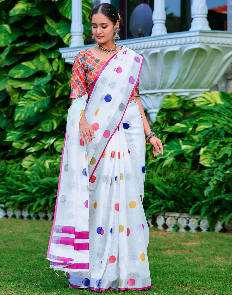 White Cotton Linen Printed Saree