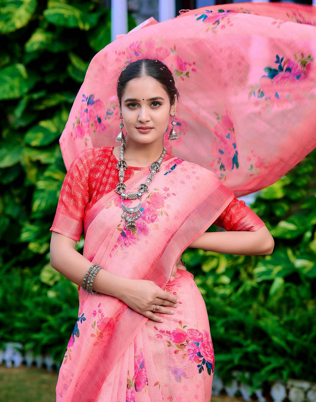 Light Pink Cotton Linen Printed Saree