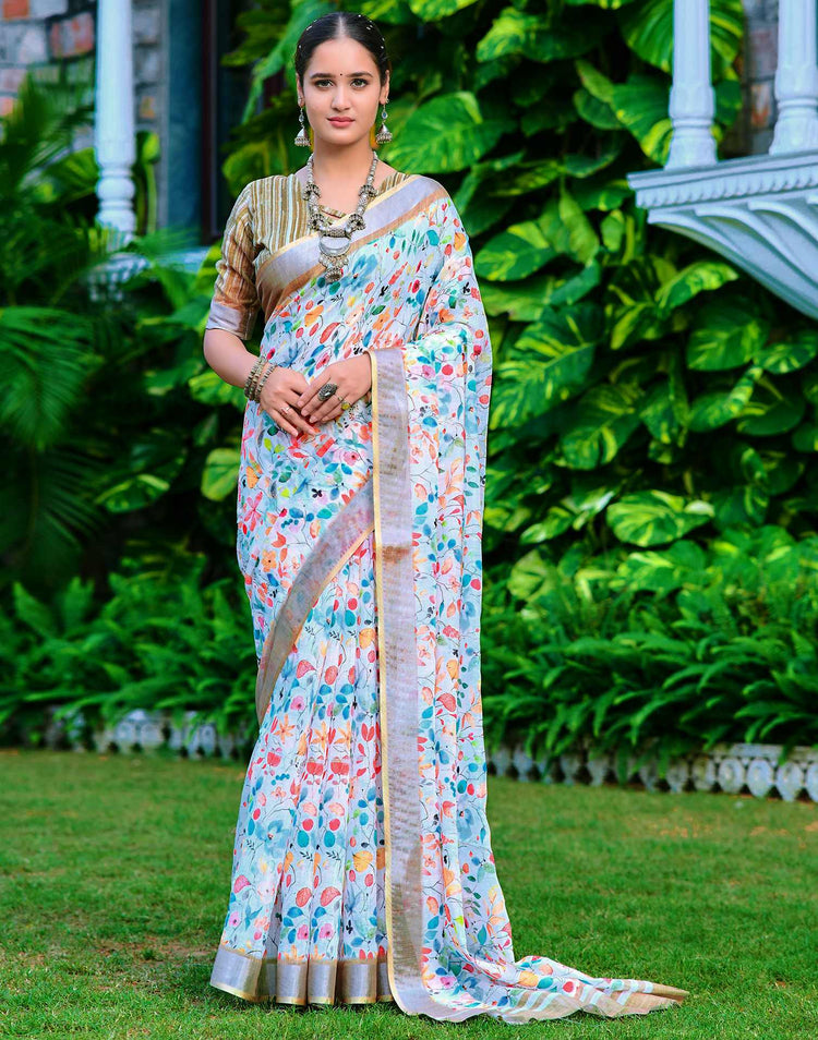 White Cotton Linen Printed Saree