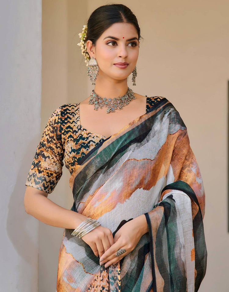 White Cotton Linen Printed Saree