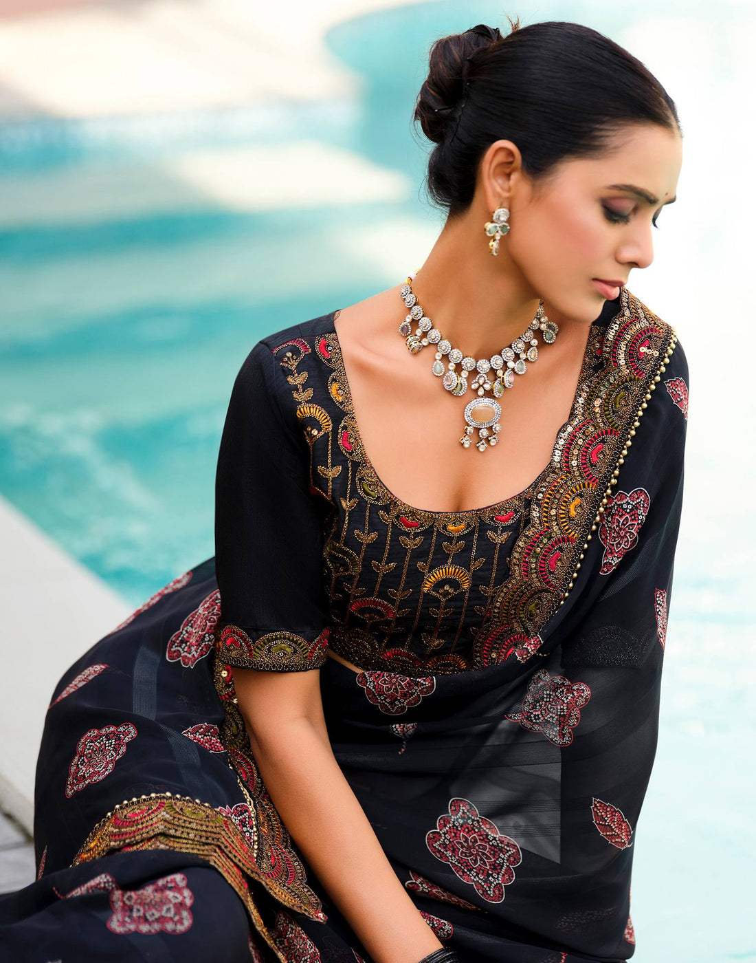 Black Georgette Printed Bandhani Saree