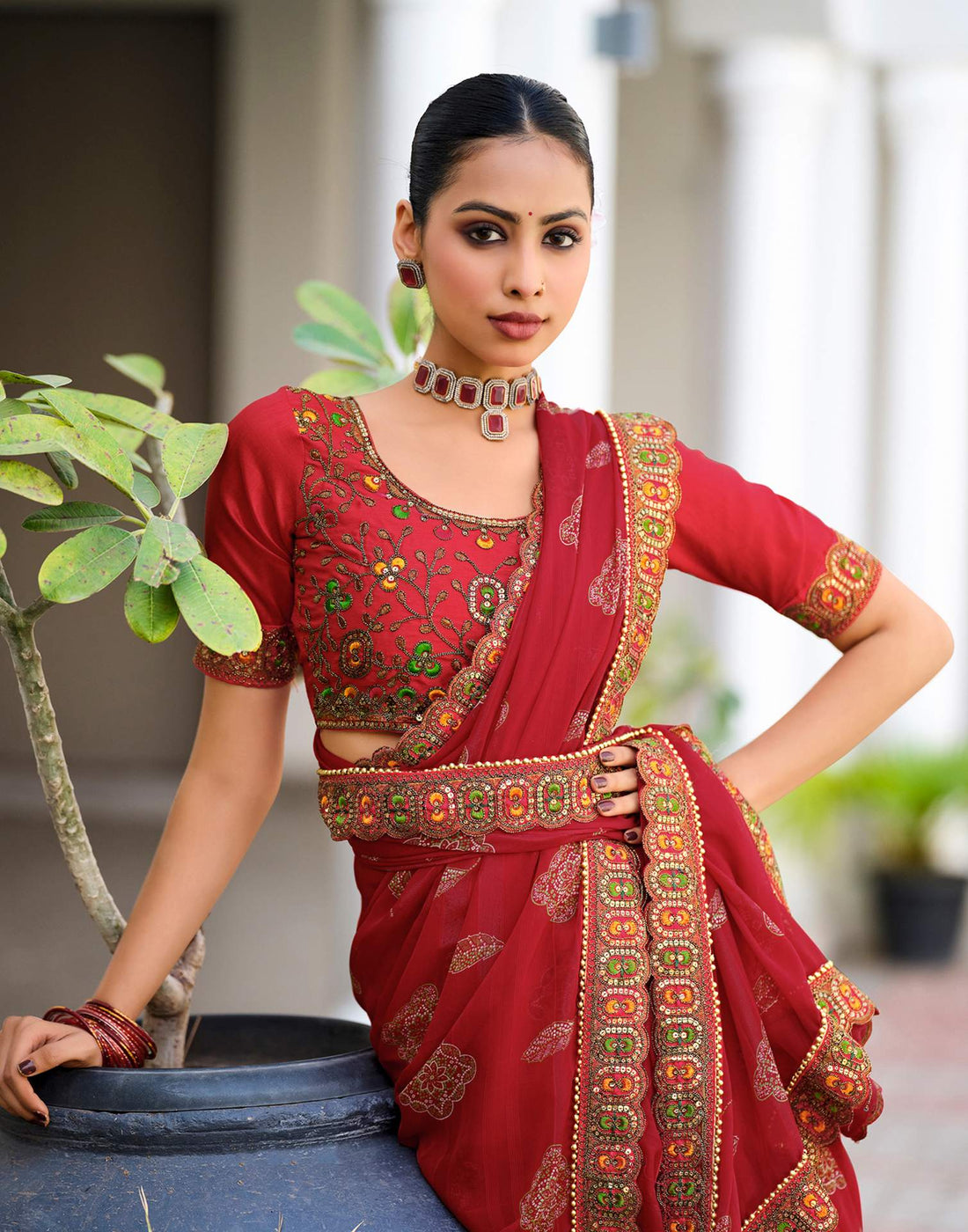 Red Georgette Printed Bandhani Saree