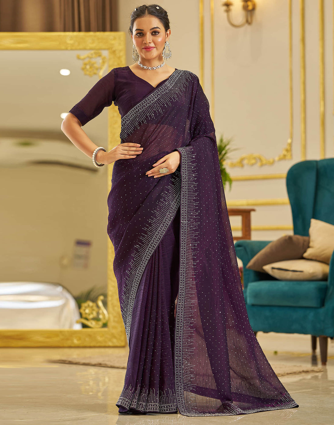 Dark Purple Shimmer Stone Work Swarovski Saree