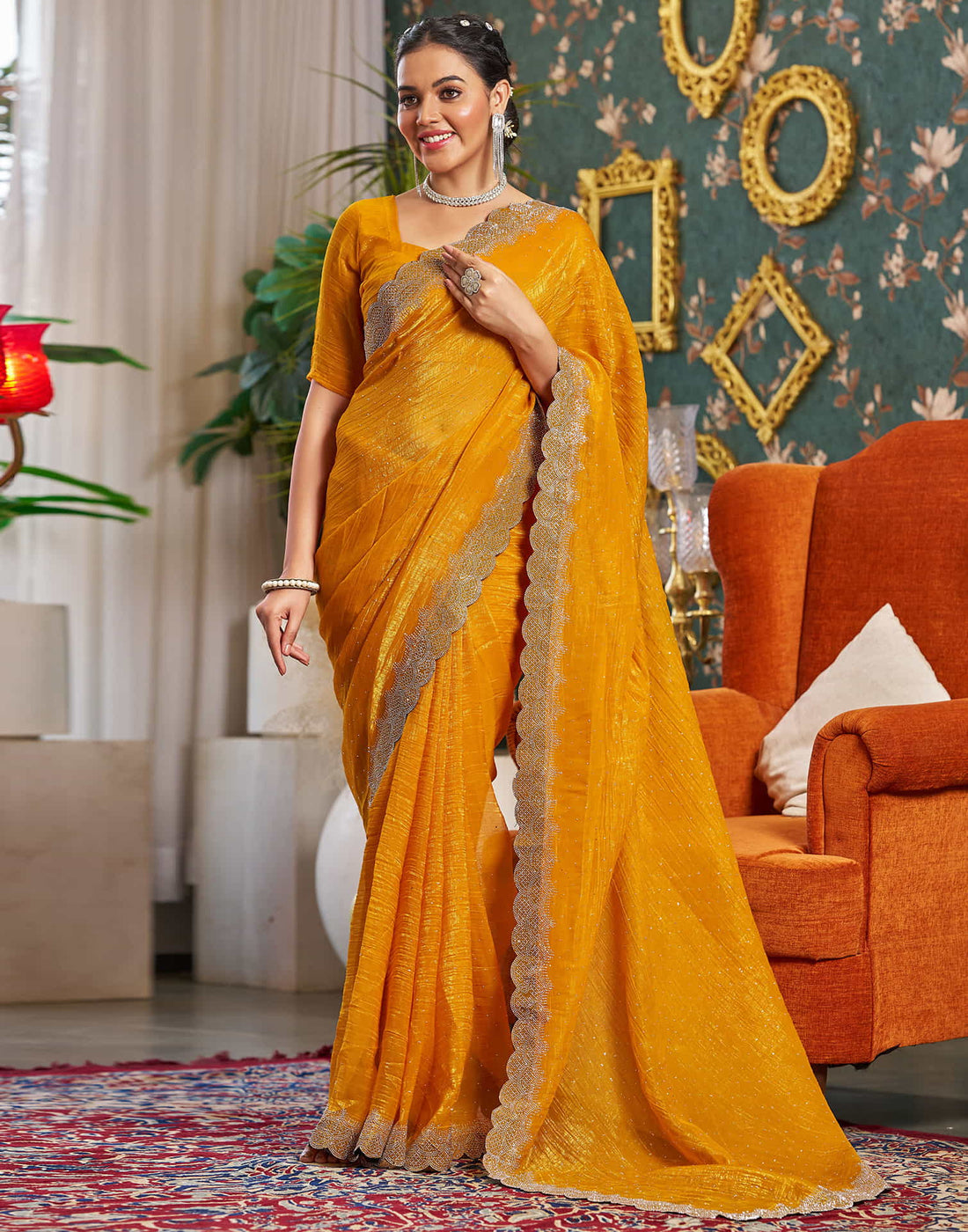 Turmeric Yellow Shimmer Stone Work Swarovski Saree