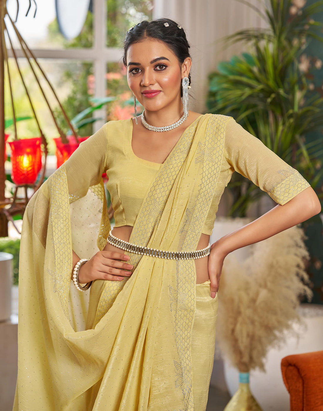 Yellow Shimmer Stone Work Swarovski Saree