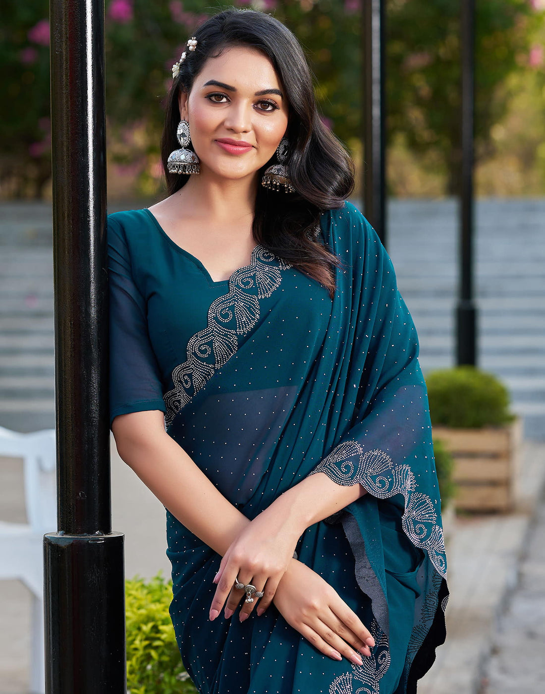 Rama Blue Georgette Stone Work Swarovski Saree