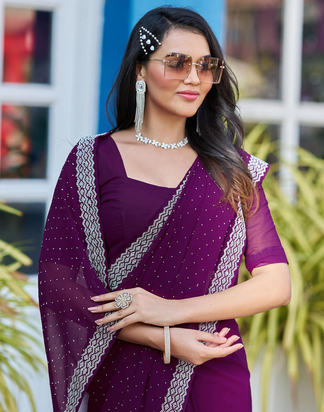 Wine Georgette Stone Work Swarovski Saree