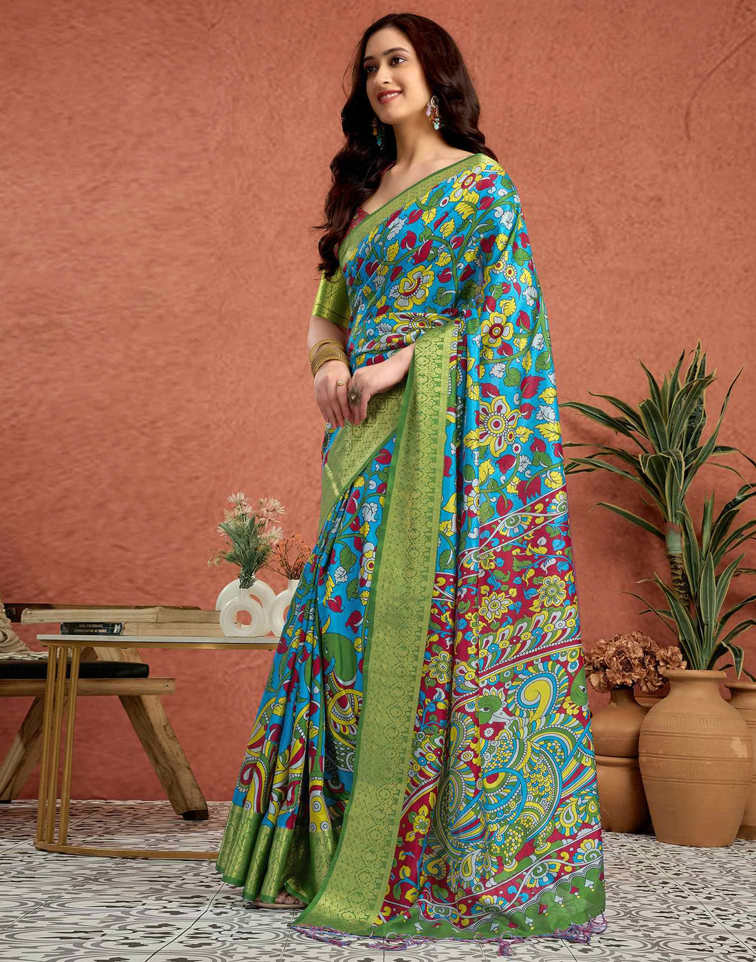 Blue Tussar Silk Printed Kalamkari Saree