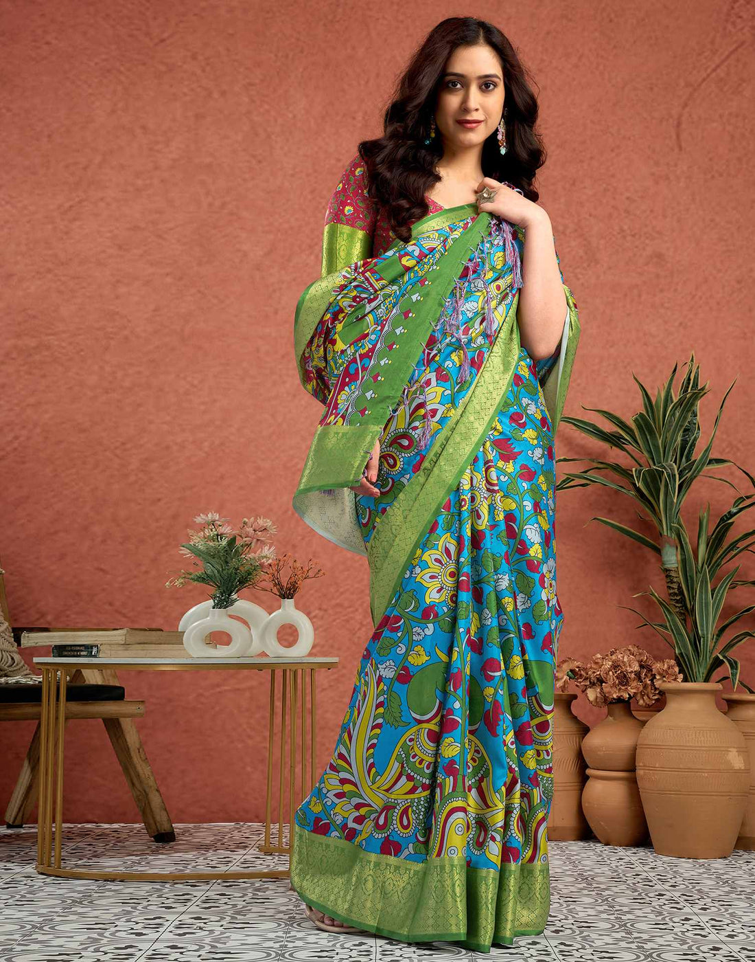 Blue Tussar Silk Printed Kalamkari Saree