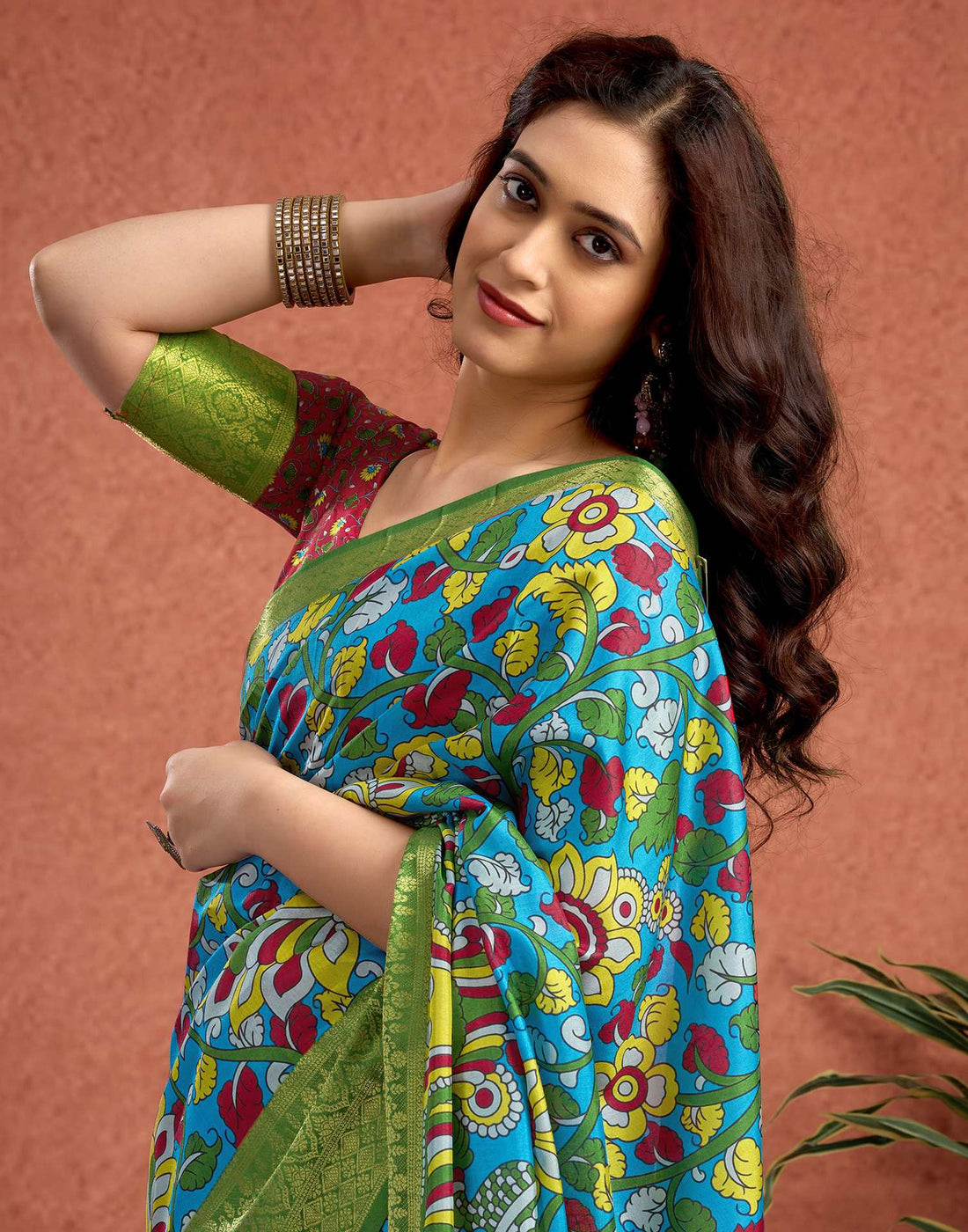 Blue Tussar Silk Printed Kalamkari Saree