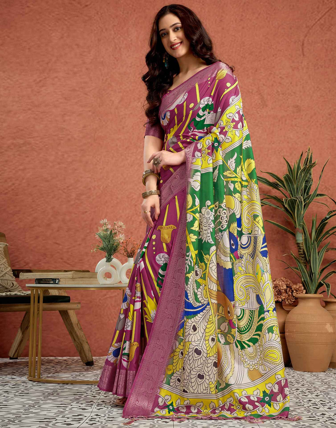 Multicoloured Tussar Silk Printed Kalamkari Saree