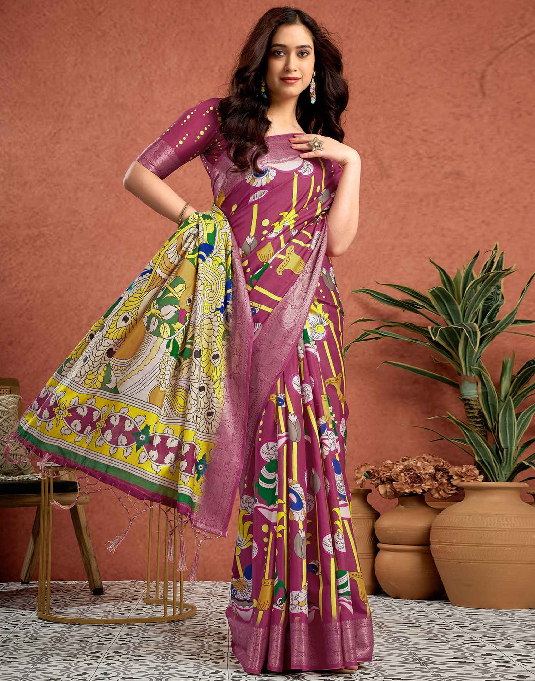 Multicoloured Tussar Silk Printed Kalamkari Saree