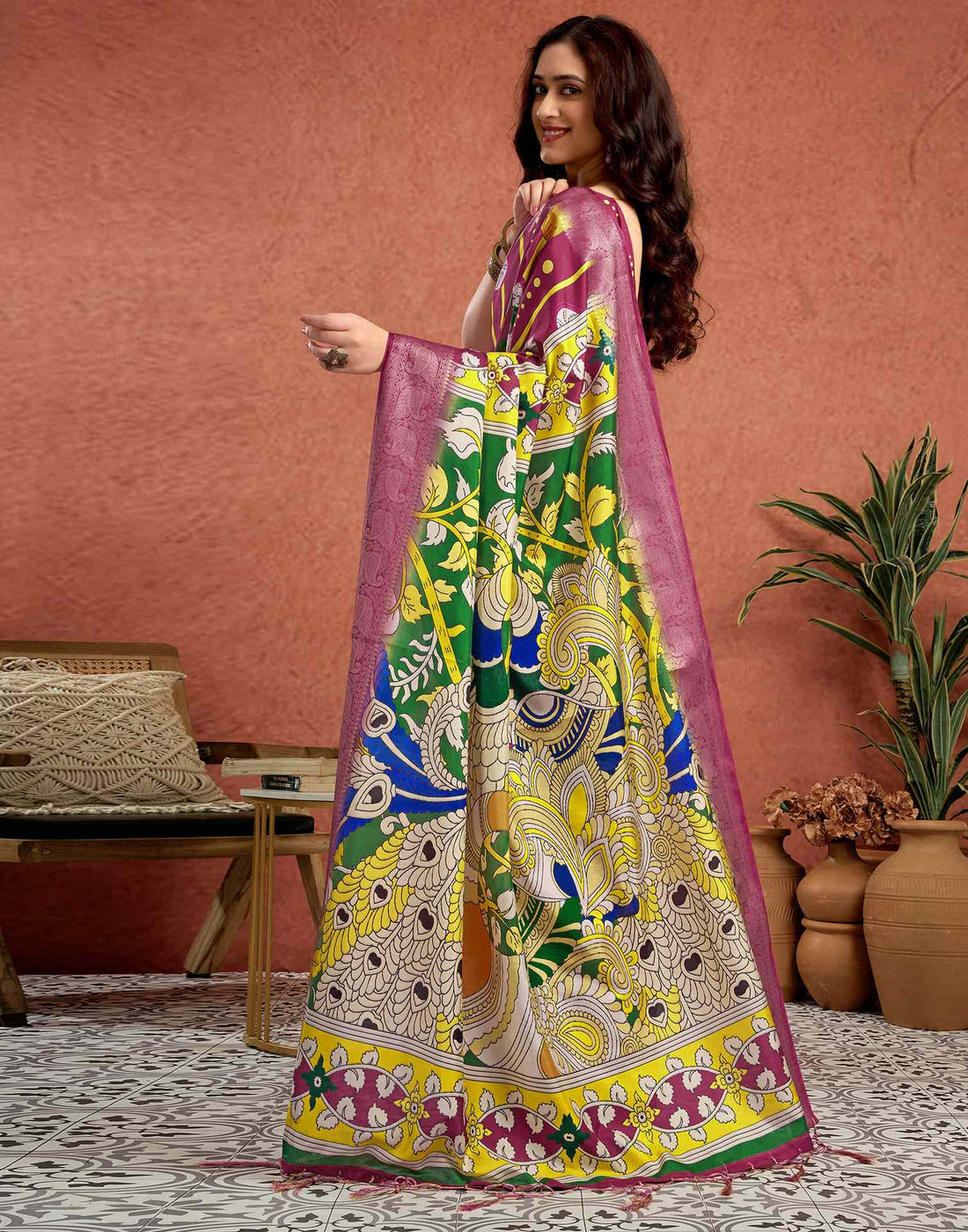 Multicoloured Tussar Silk Printed Kalamkari Saree