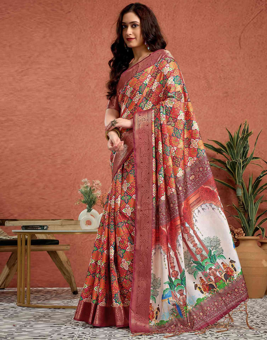 Orange Tussar Silk Printed Saree