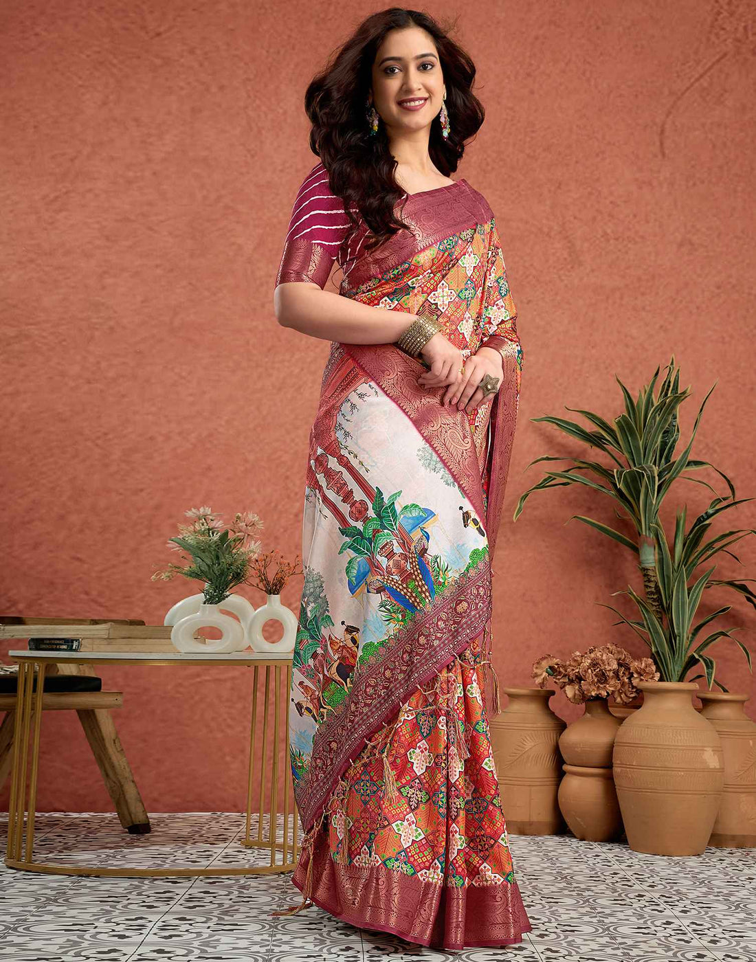 Orange Tussar Silk Printed Saree