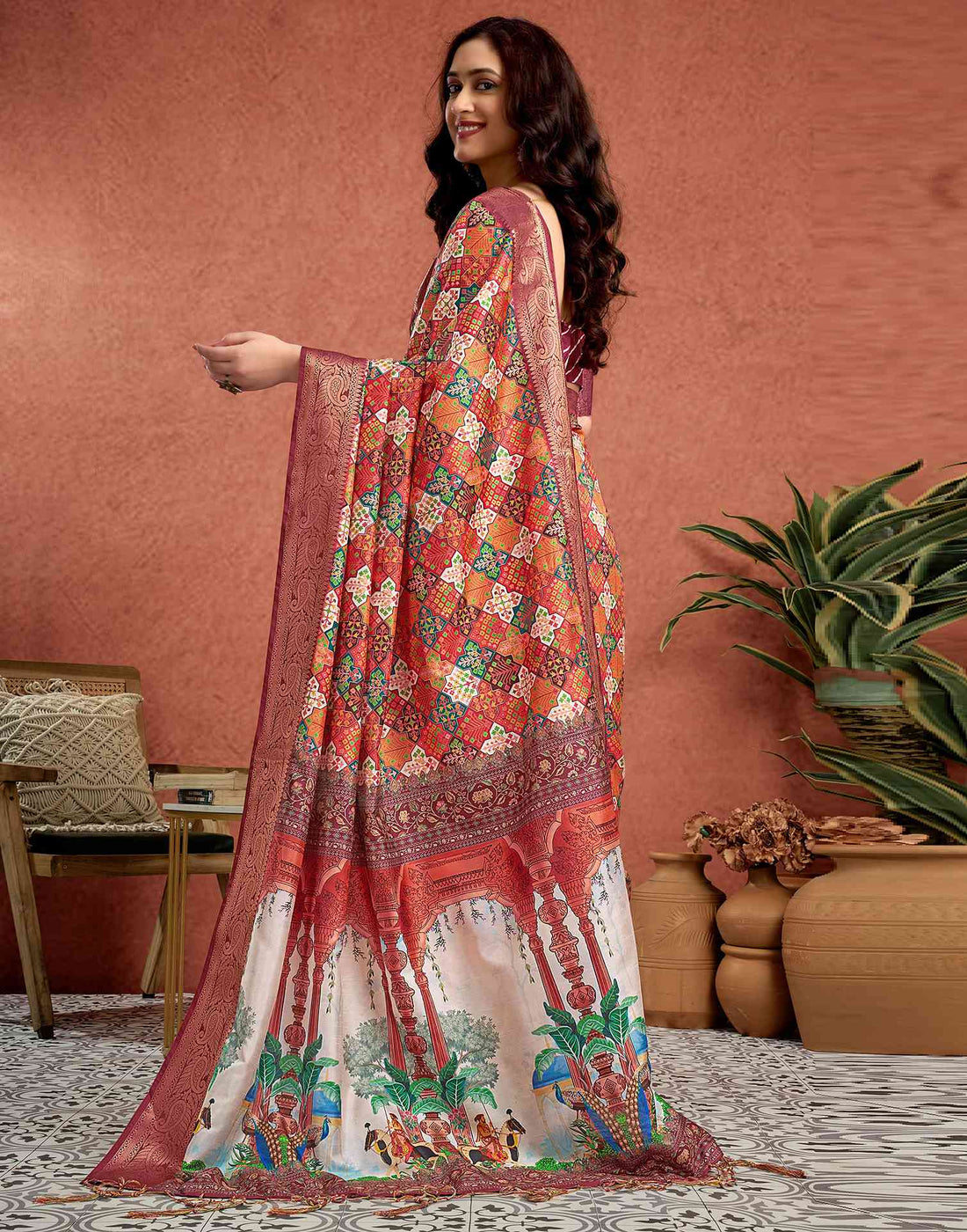 Orange Tussar Silk Printed Saree