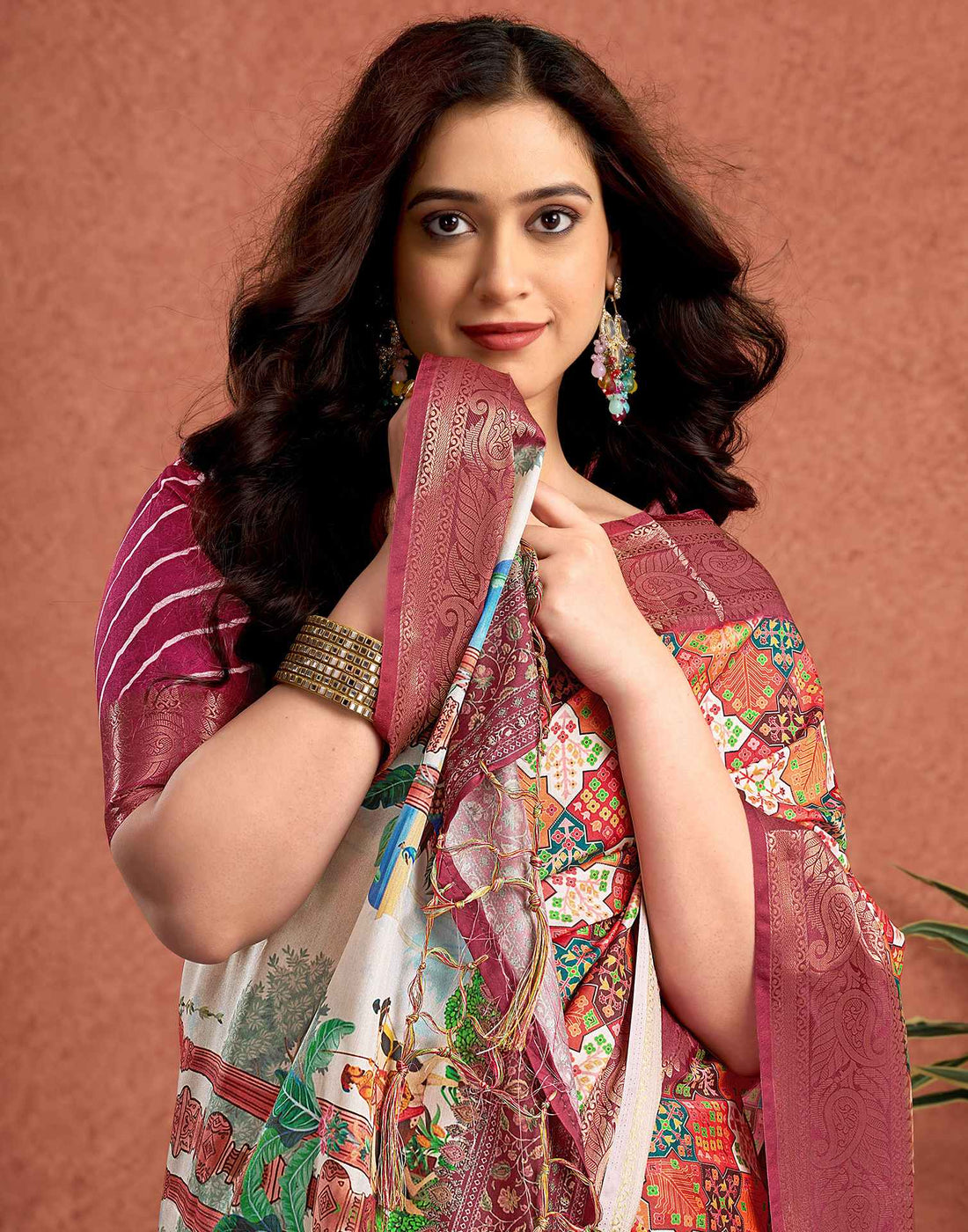Orange Tussar Silk Printed Saree
