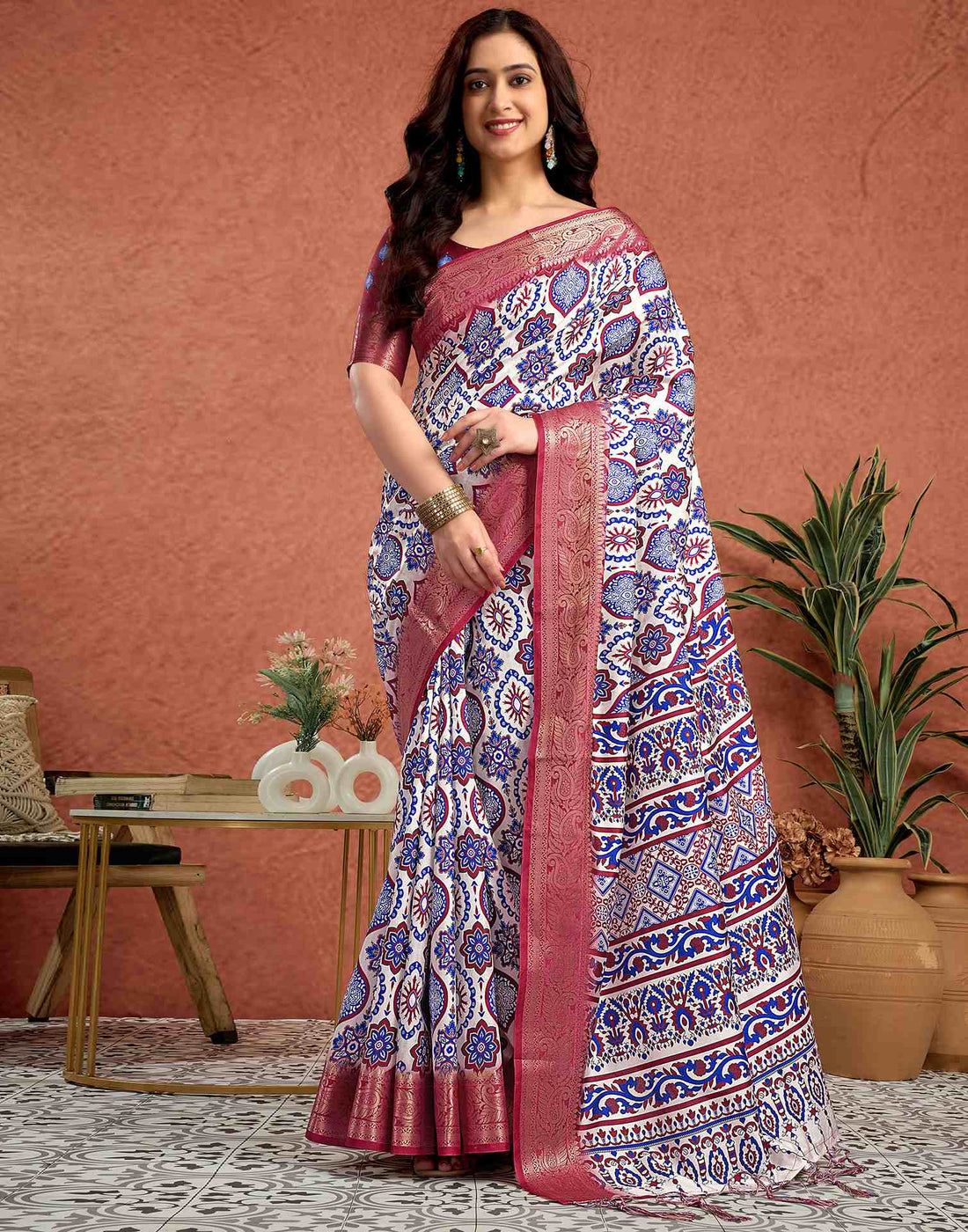 White Tussar Silk Printed Saree