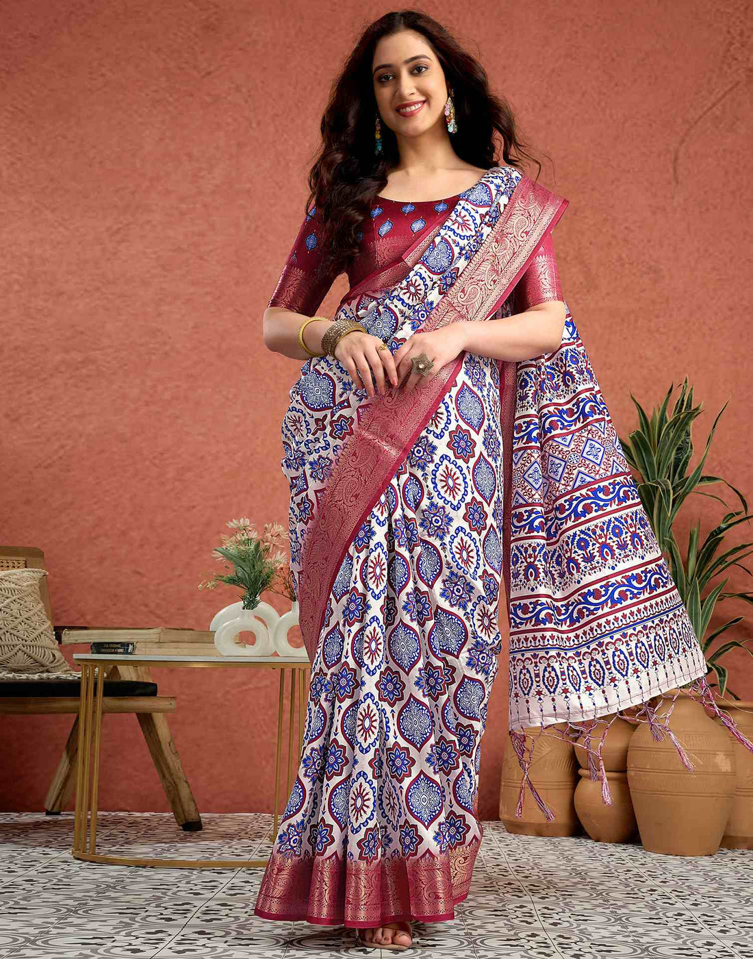 White Tussar Silk Printed Saree