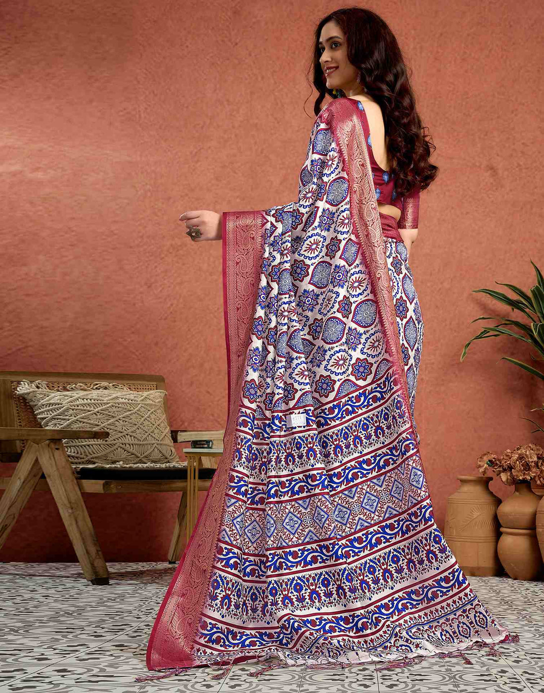 White Tussar Silk Printed Saree