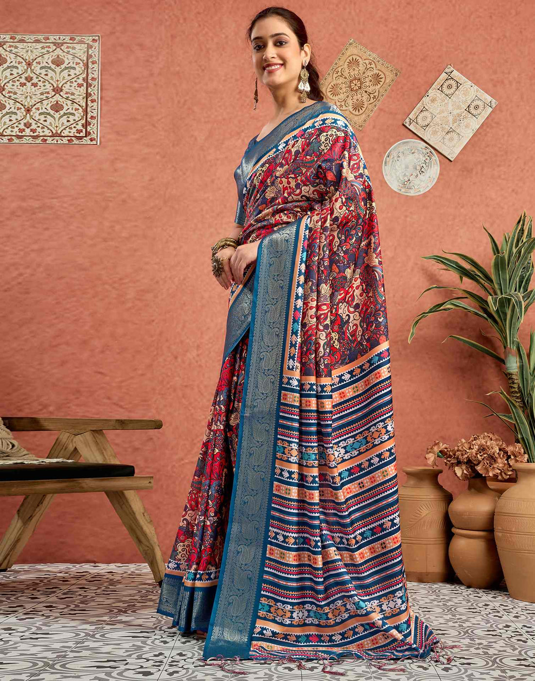 Multicoloured Tussar Silk Printed Saree