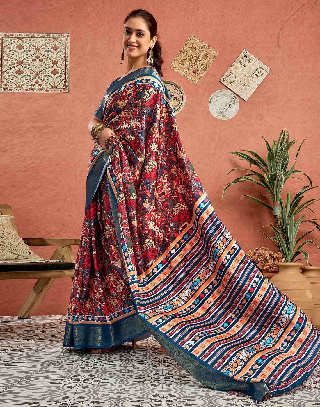 Multicoloured Tussar Silk Printed Saree