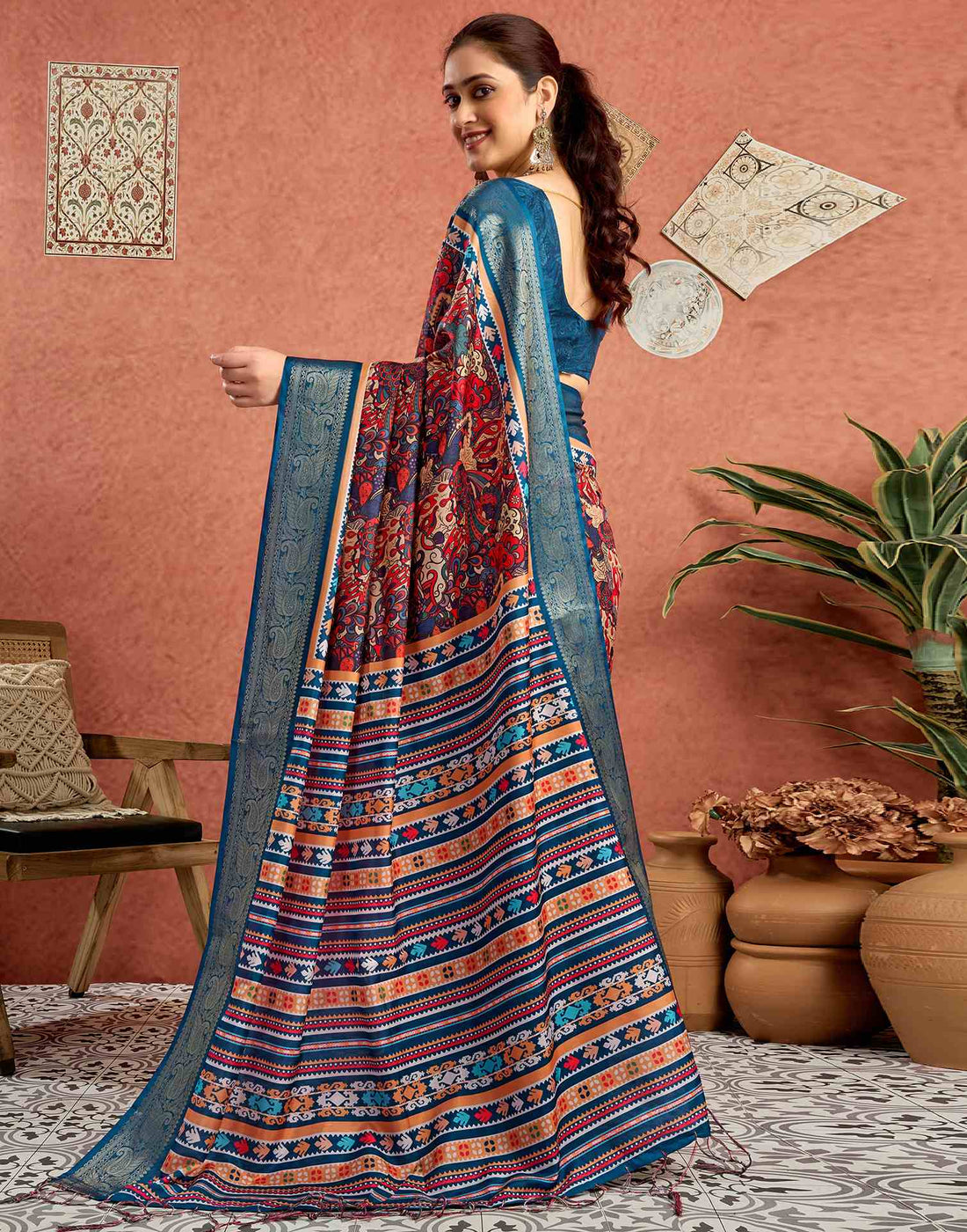 Multicoloured Tussar Silk Printed Saree
