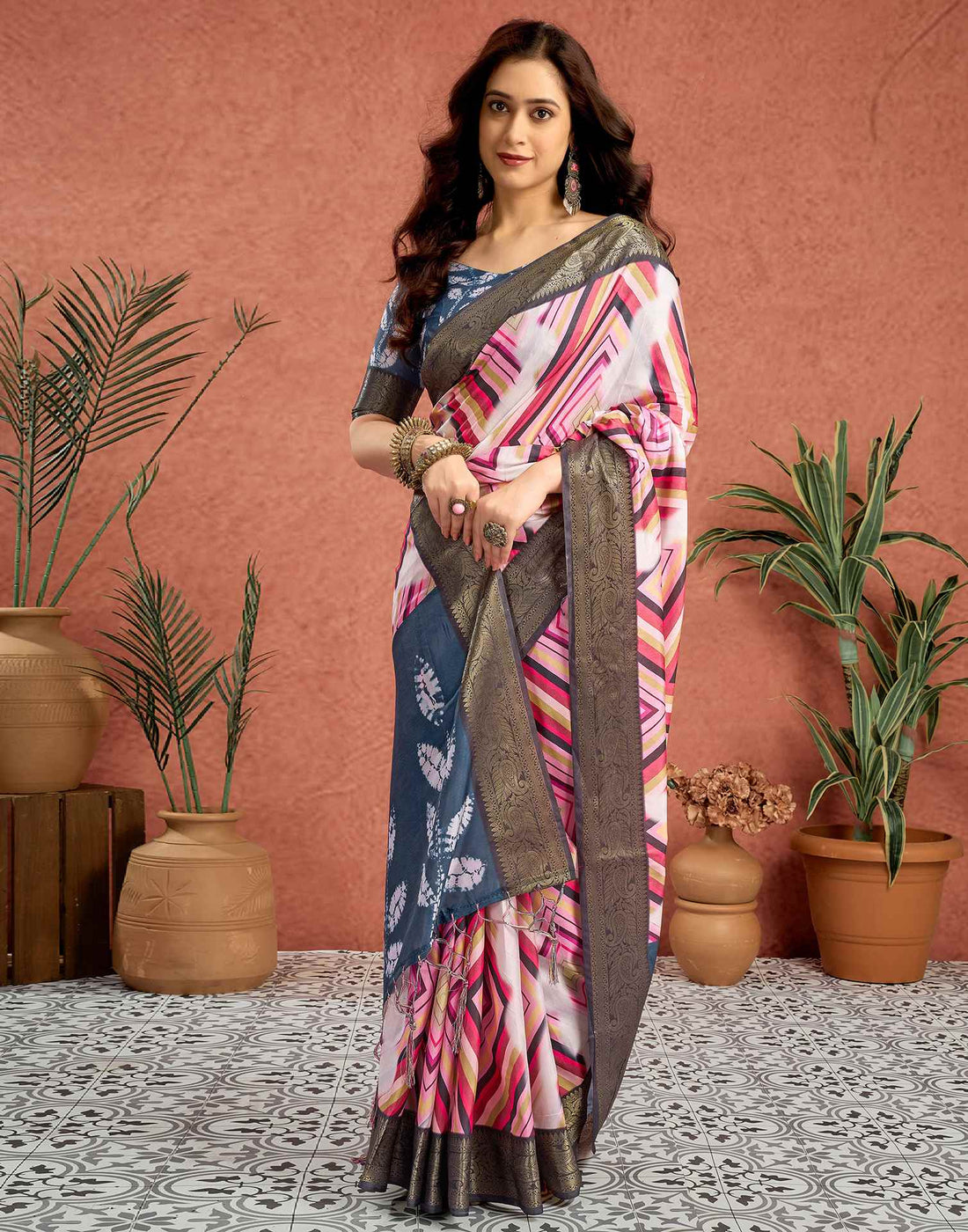 White Tussar Silk Printed Saree