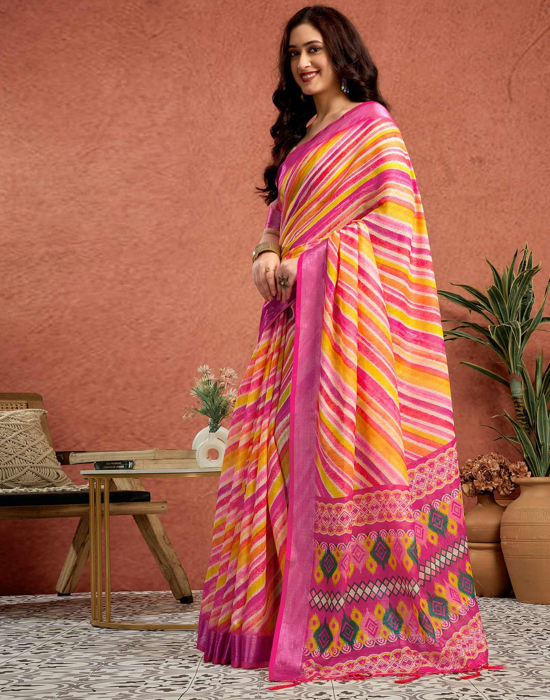 Pink Linen Printed Saree