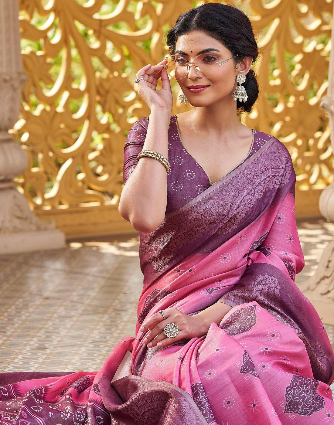 Pink Silk Printed Bandhani Saree