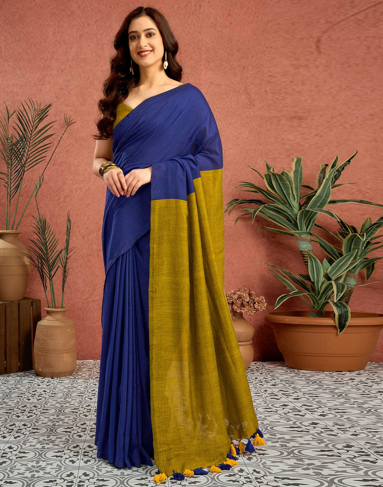 Blue Linen Top Dyed Solid Saree