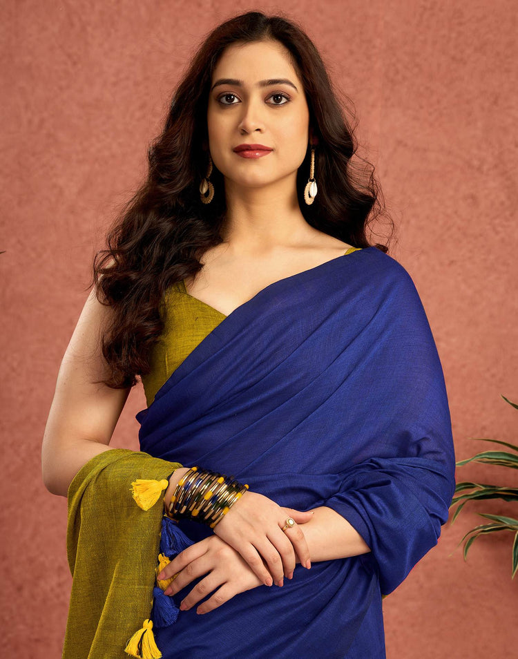 Blue Linen Top Dyed Solid Saree