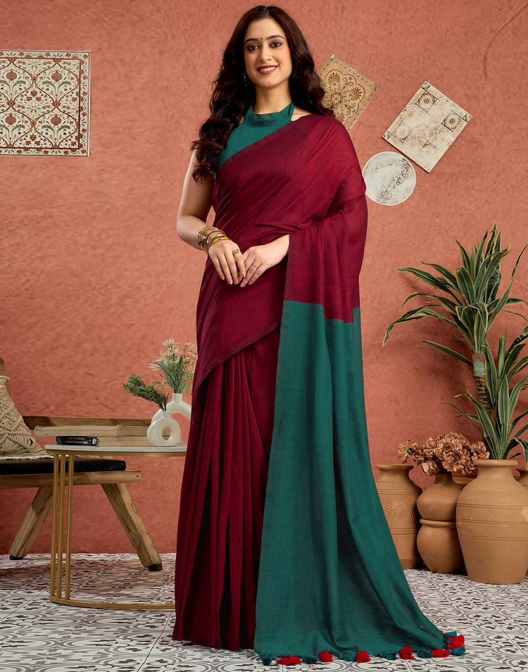 Maroon Linen Top Dyed Solid Saree