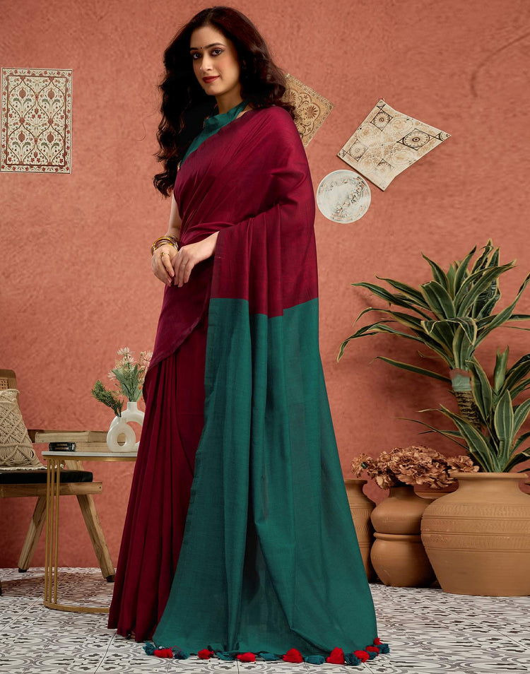 Maroon Linen Top Dyed Solid Saree