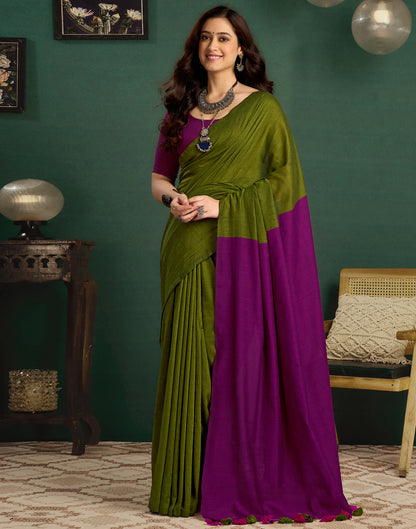 Green Linen Top Dyed Solid Saree