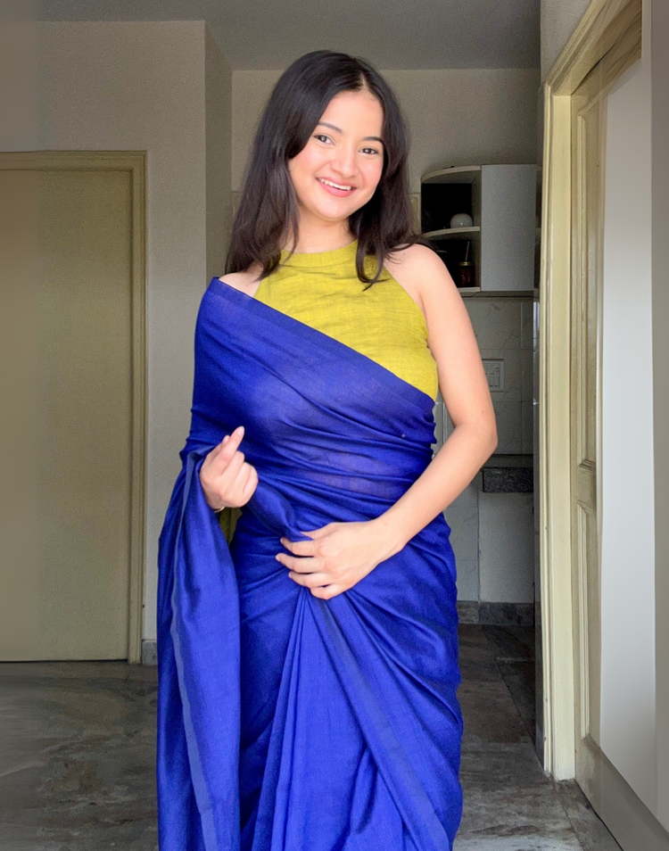 Blue Linen Top Dyed Solid Saree