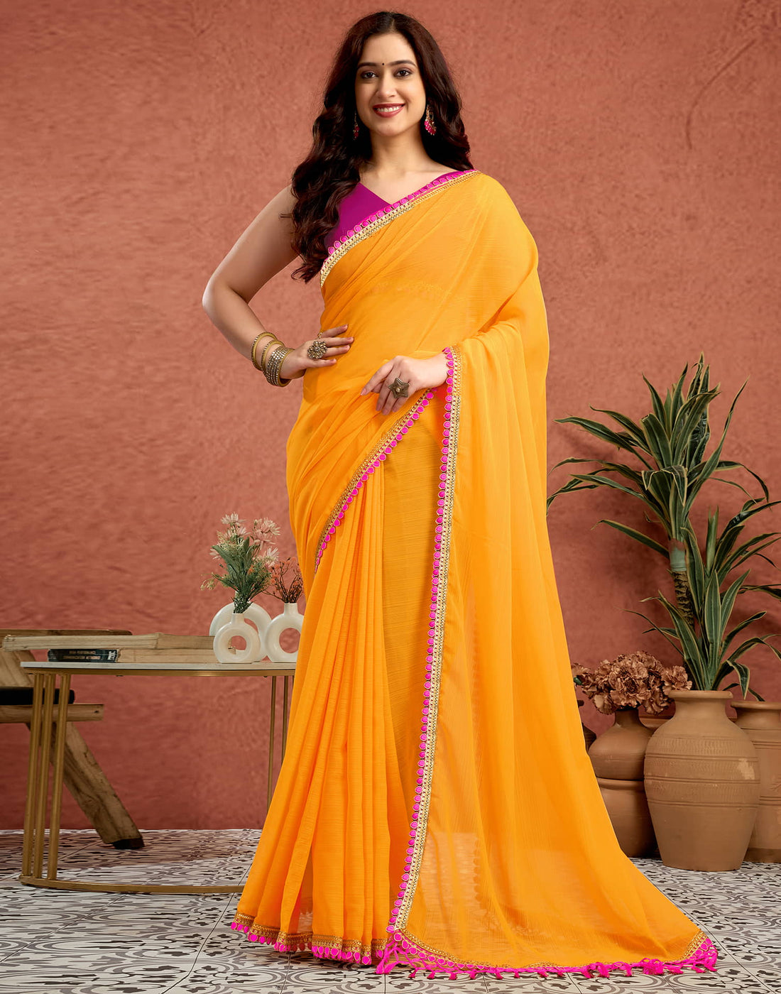 Yellow Georgette Lace Solid Saree