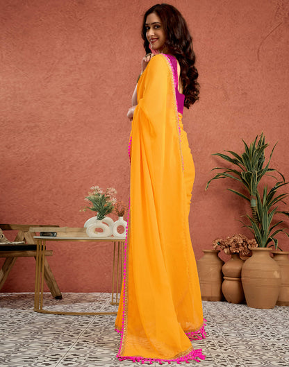 Yellow Georgette Lace Solid Saree