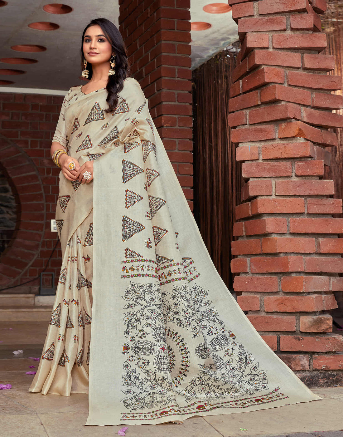 Beige Cotton Blend Warli Printed Saree