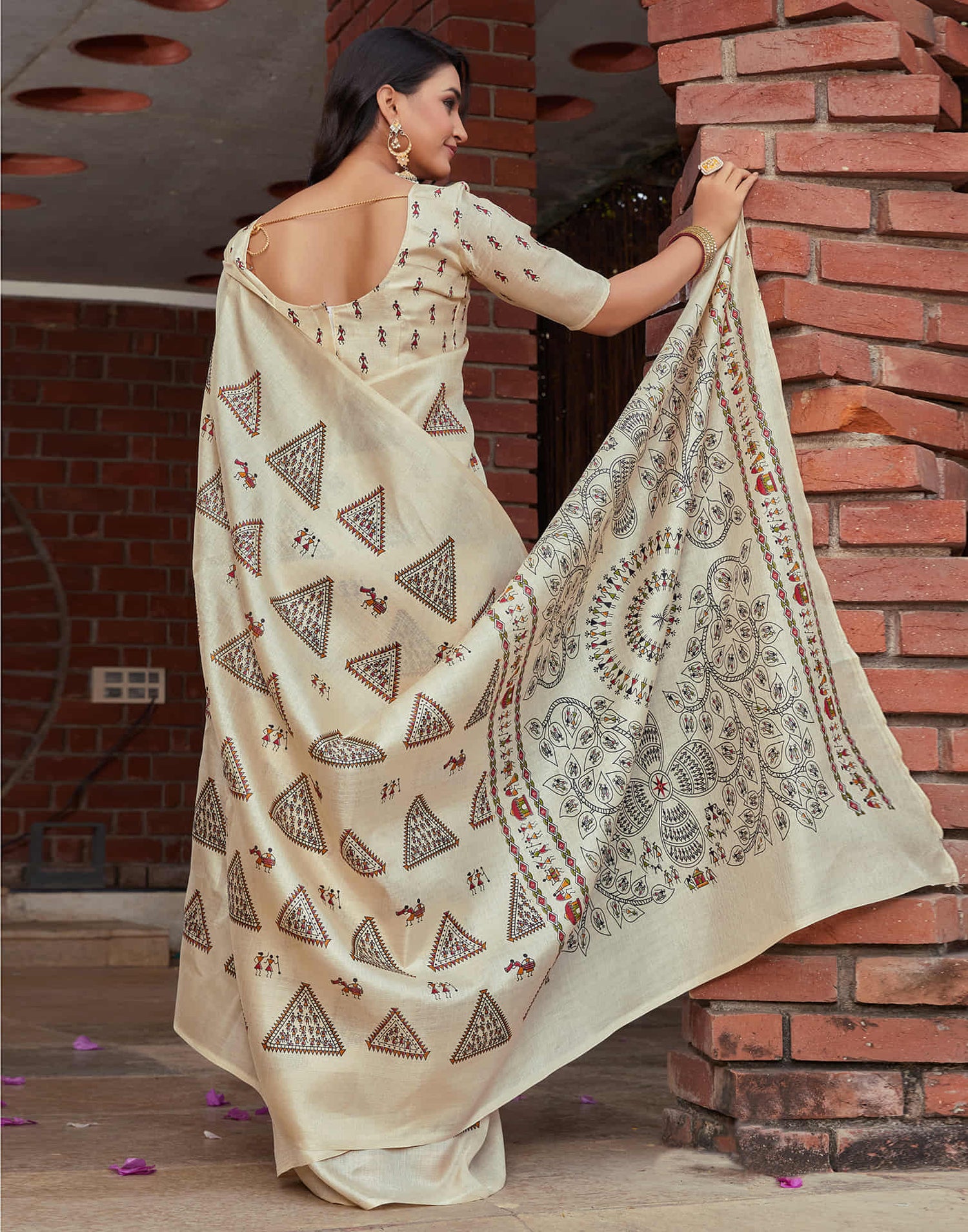 Beige Cotton Blend Warli Printed Saree