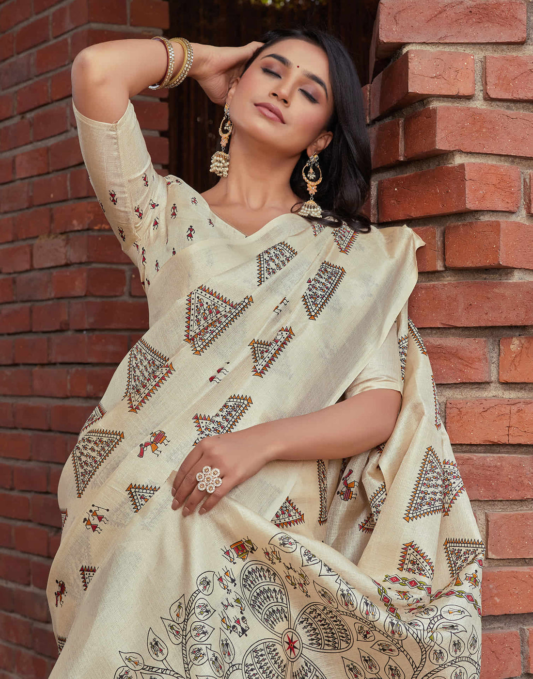 Beige Cotton Blend Warli Printed Saree