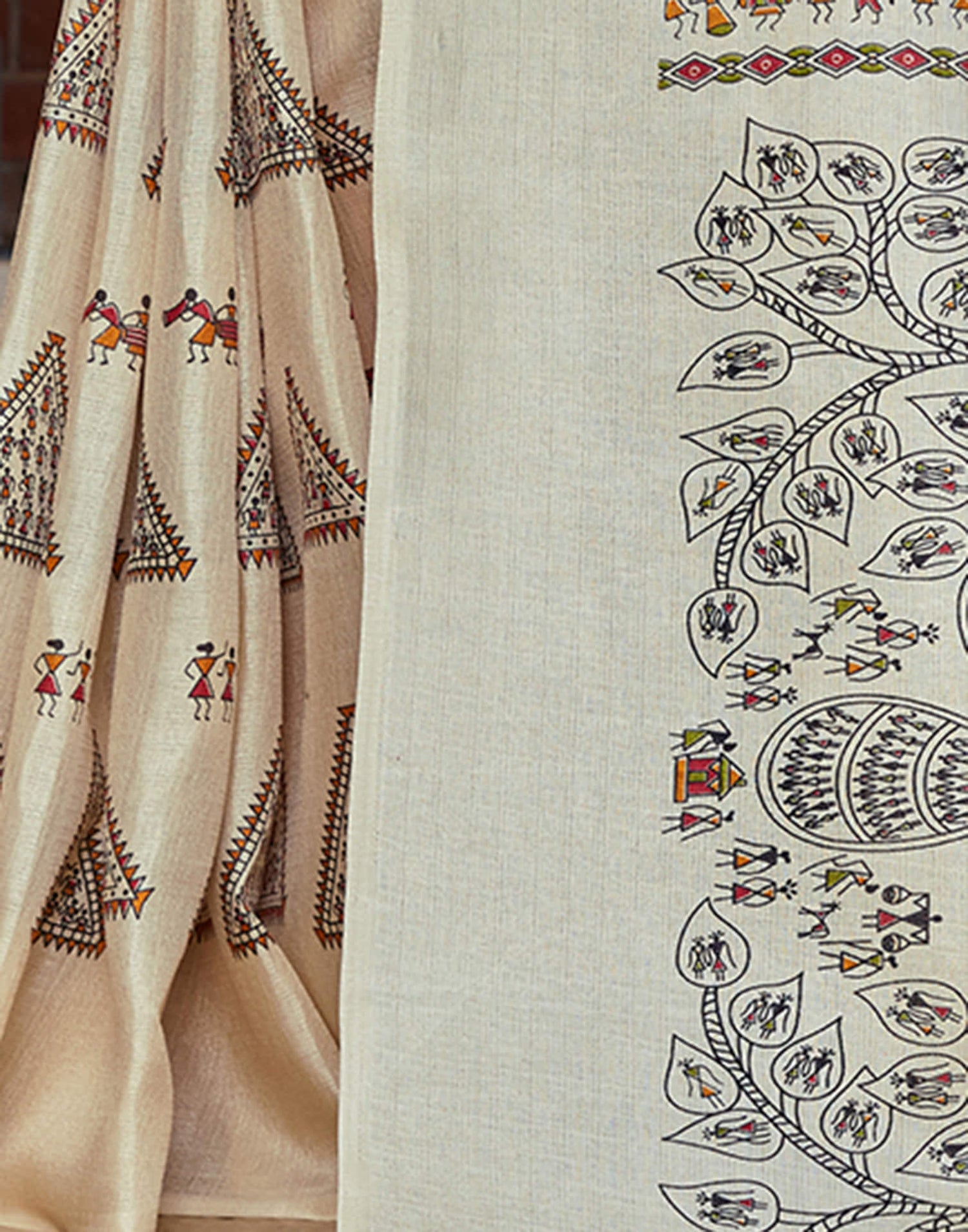 Beige Cotton Blend Warli Printed Saree