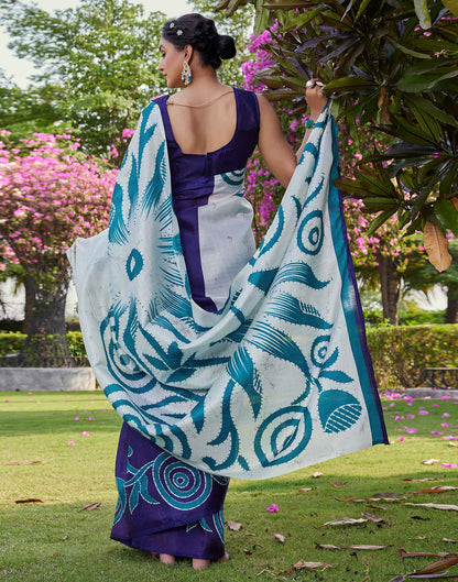 White Cotton Blend Printed Saree