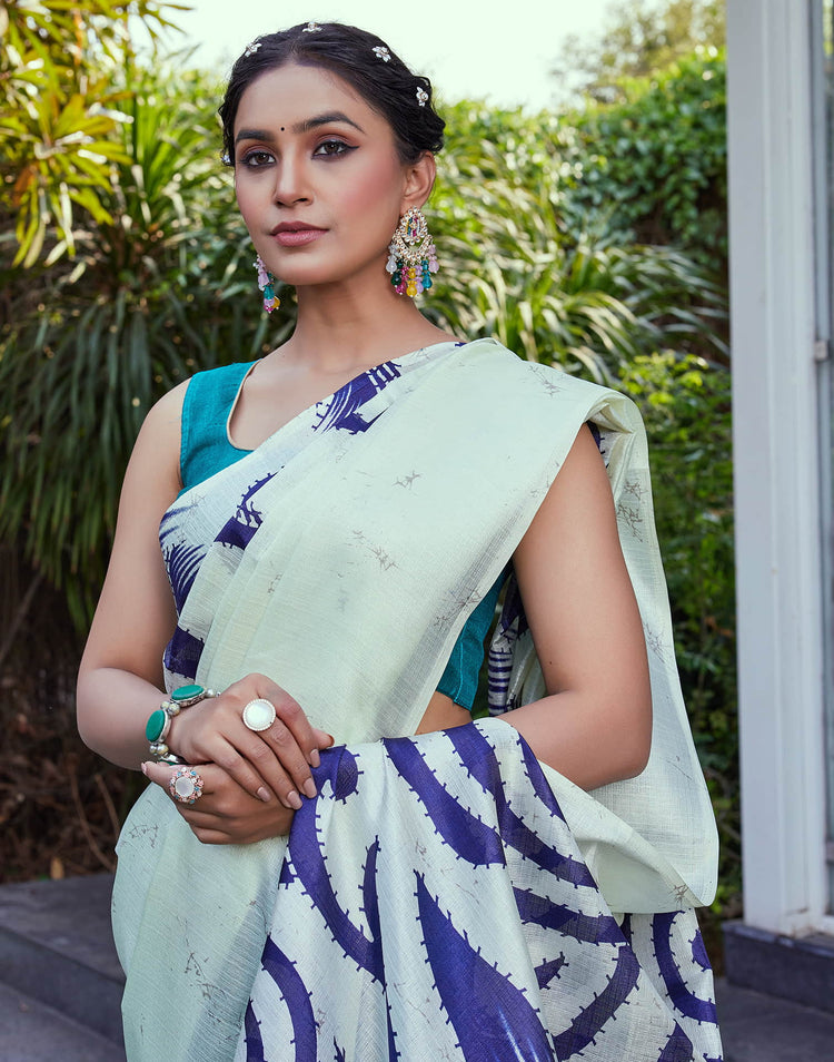 White Cotton Blend Printed Saree