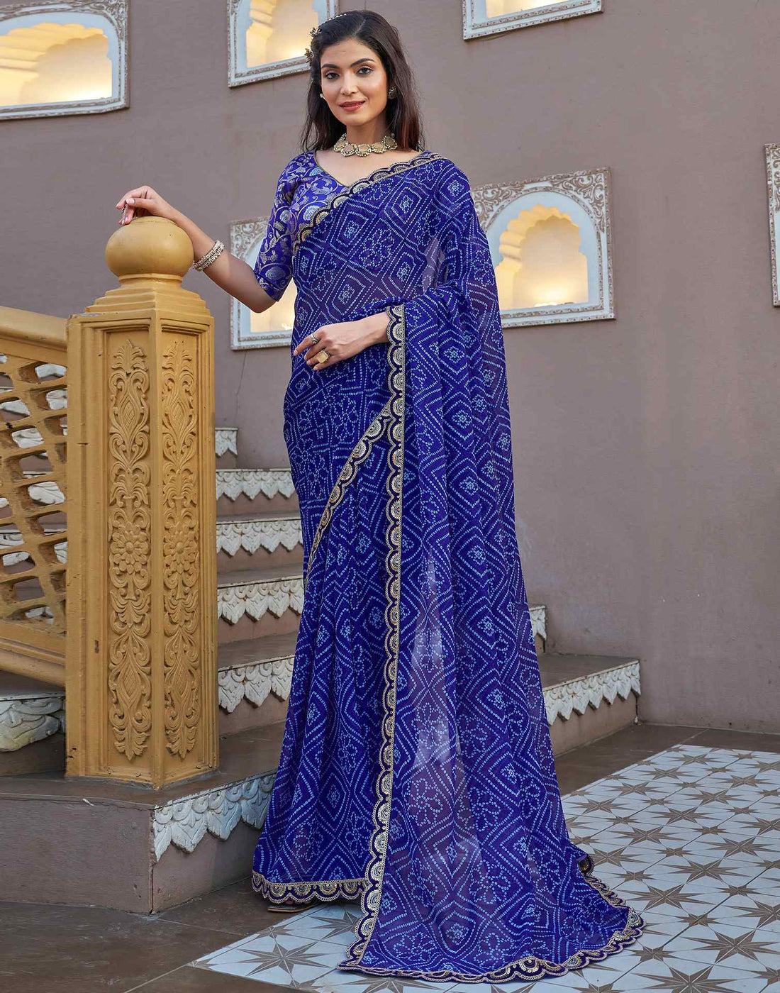 Dark Blue Georgette Printed Bandhani Saree