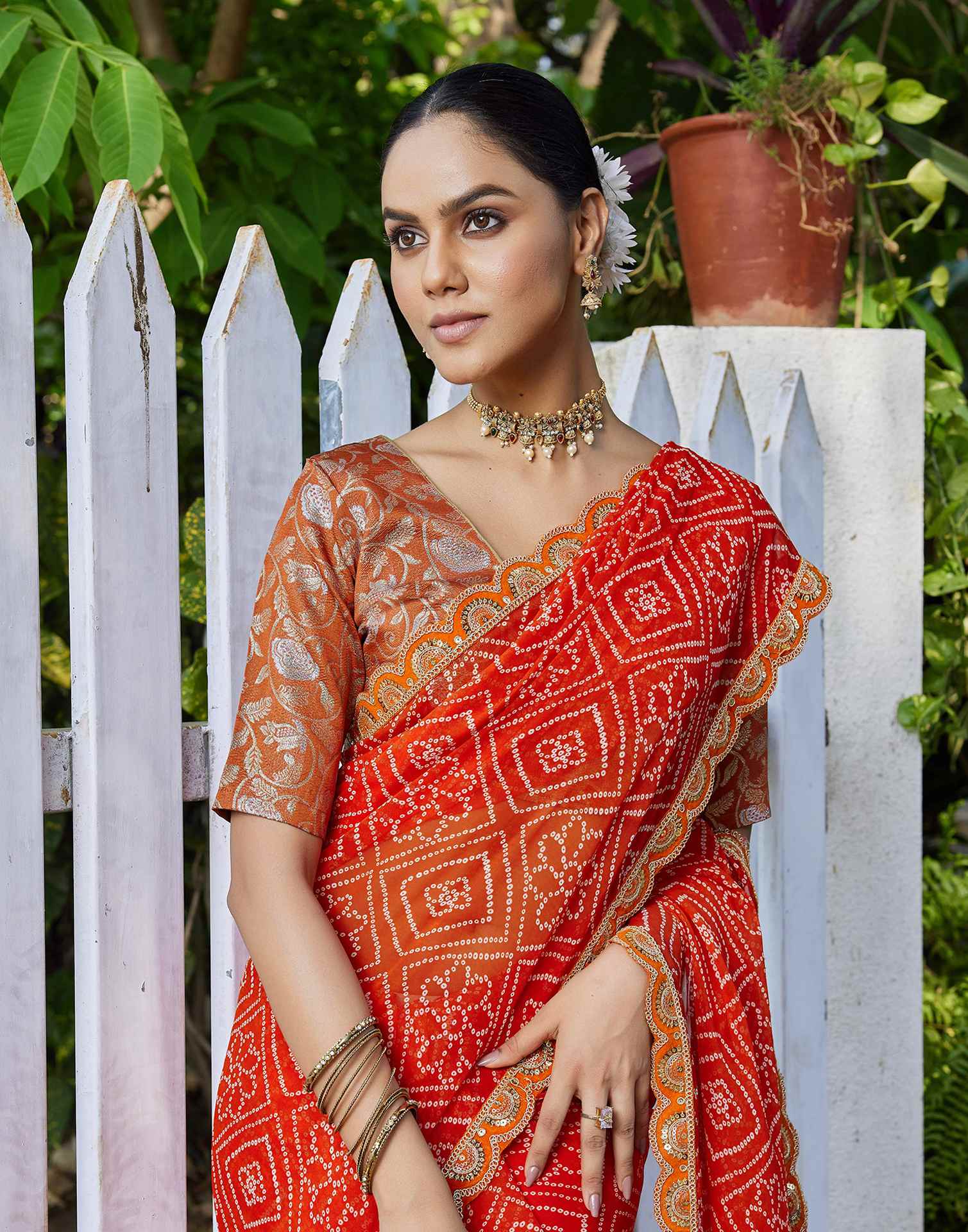 Orange Georgette Bandhani Printed Saree