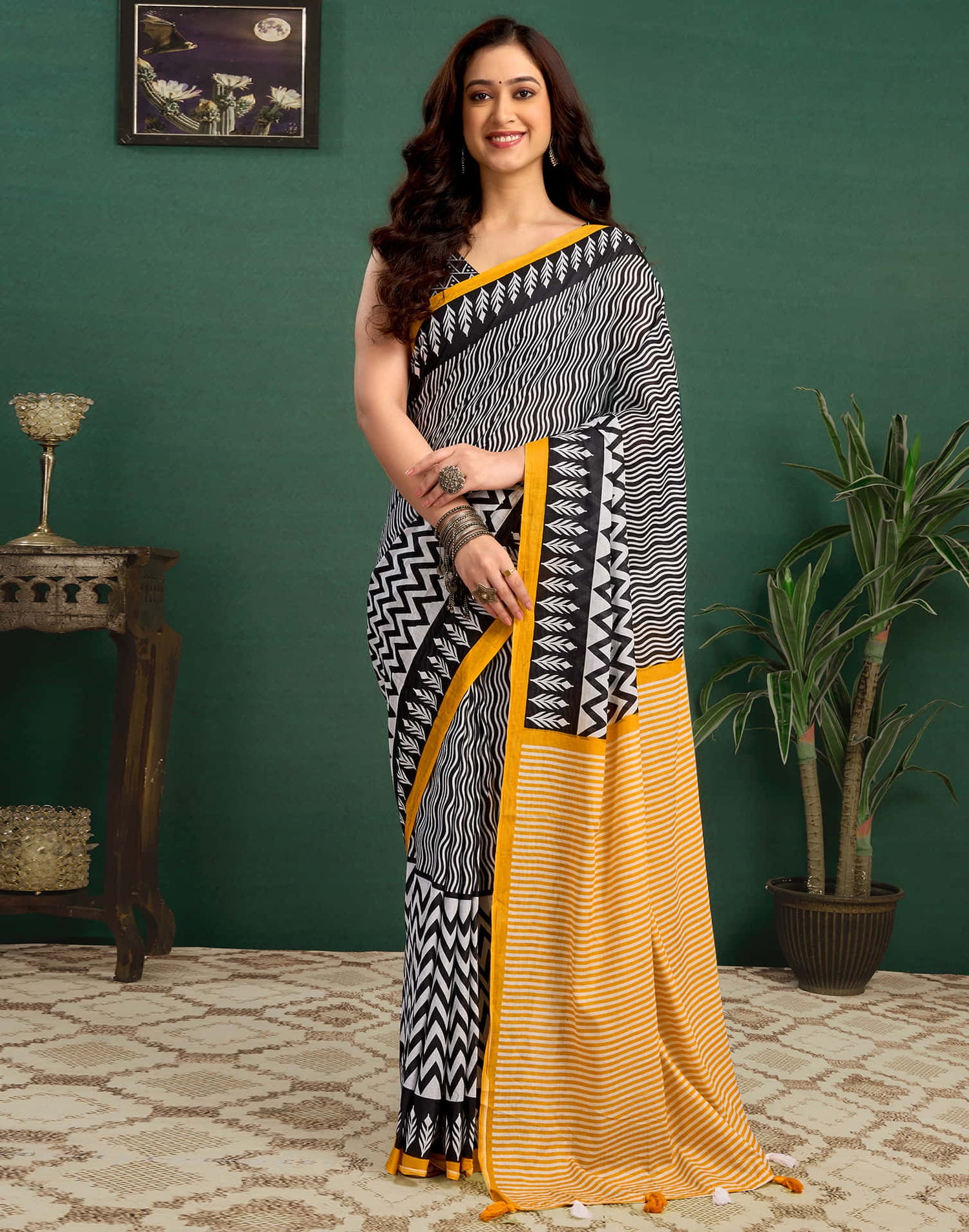 Yellow Cotton Printed Saree
