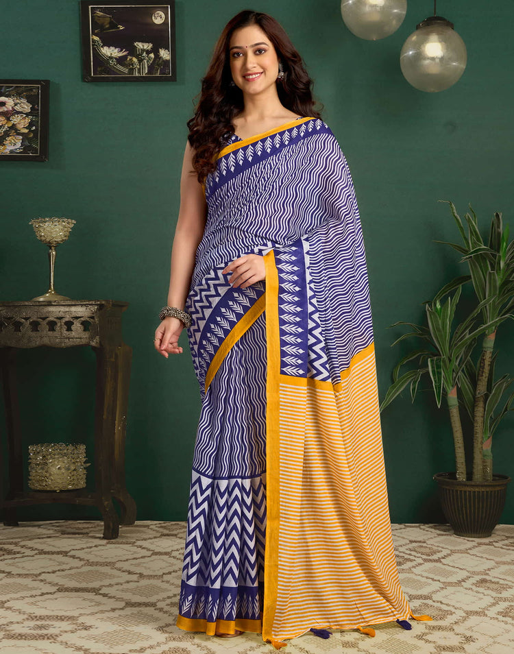 Blue Cotton Printed Saree
