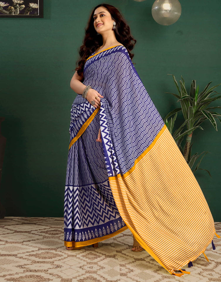 Blue Cotton Printed Saree