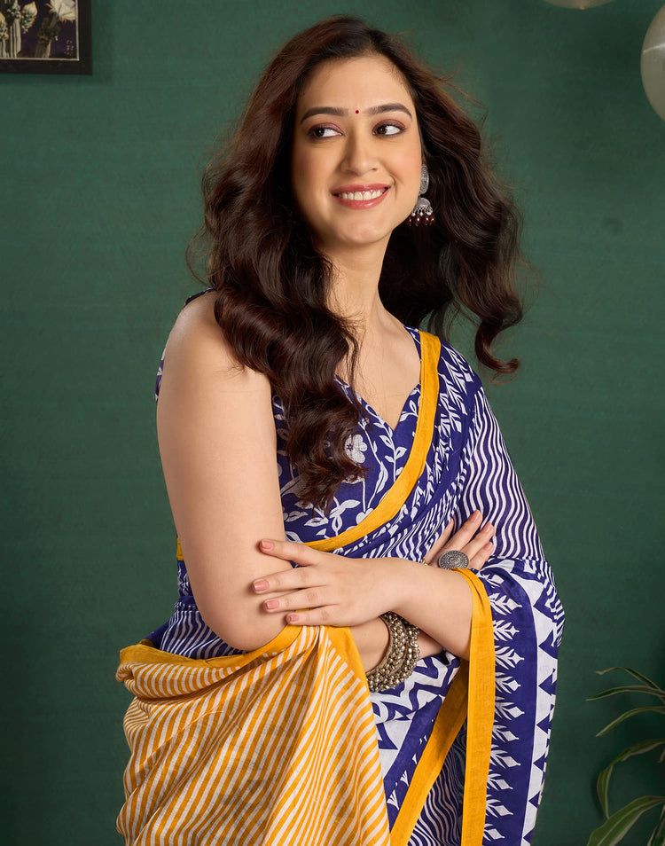 Blue Cotton Printed Saree